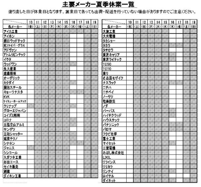 住宅設備メーカーさんのお盆休み。